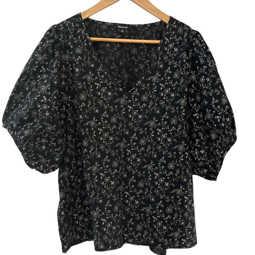 Madewell Plus Puffed Sleeve Poplin Black & White Floral V-Neck Top Size XXL